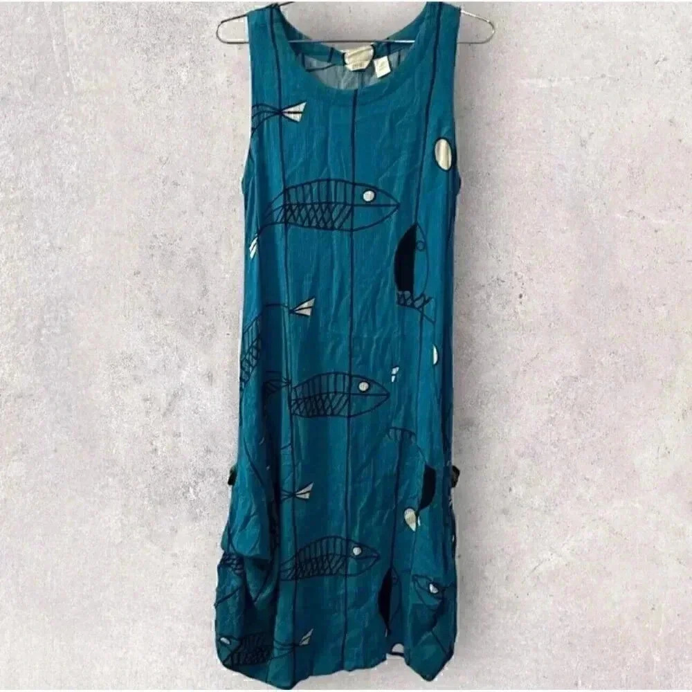 Kaktus Dress Womens Small Blue Fish Print Gauzy Beach Cruise Midi Pockets